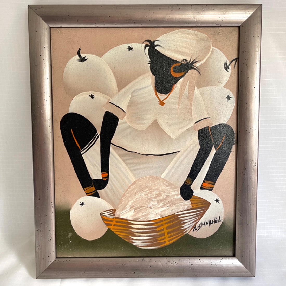 Vintage Acrylic Haitian Folk Art Painting Woman Working (vertical)