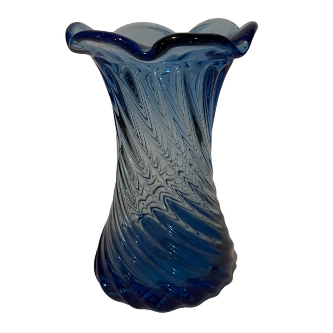 Hand Blown Blue Glass Vase Ruffled Edge