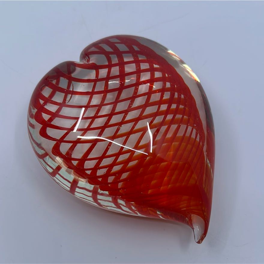 Hand Blown Art Glass Paperweight Heart Shaped Red with Stripes 5”