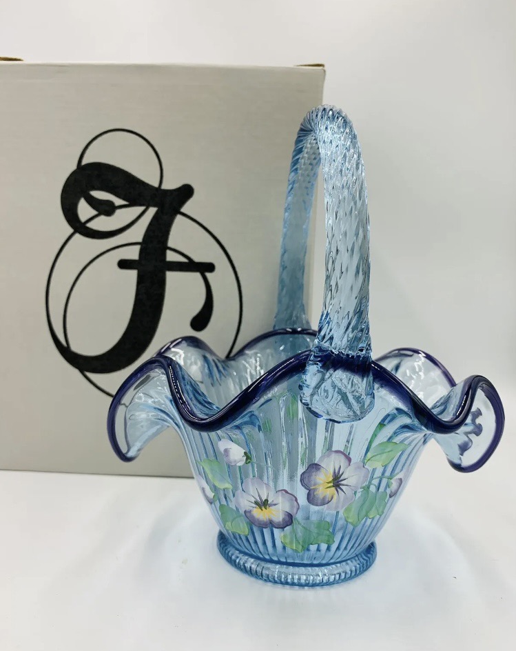 Fenton Glass QVC Ribbed basket Hand Painted pansies Blue With Purple