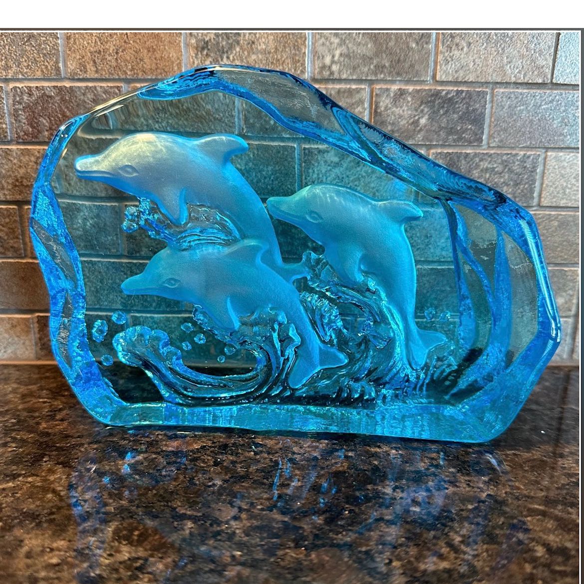 Heavy Blue Glass Dolphins Paperweight 7” x 5”