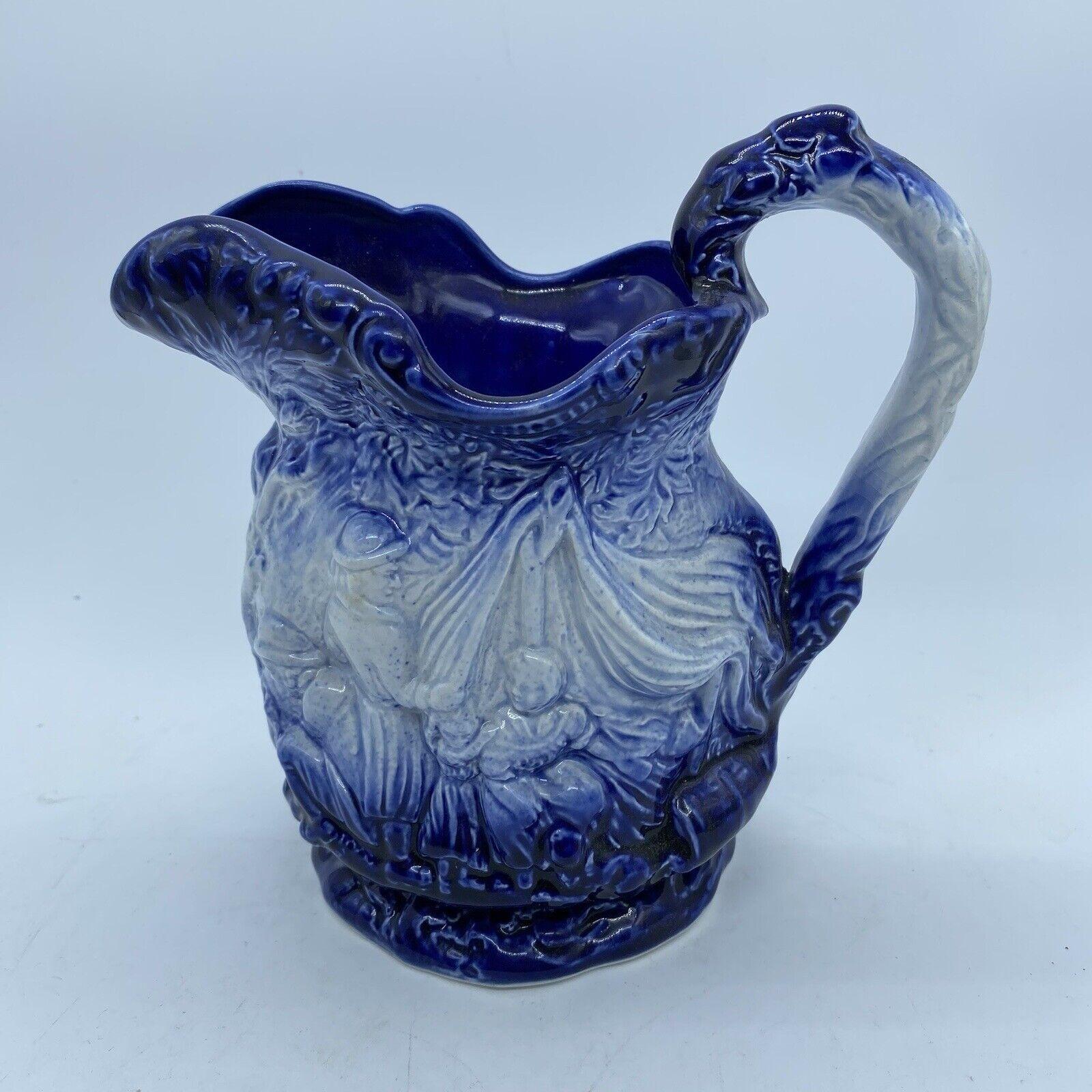 1301 Burleigh Ironstone Ornate Blue and White Pitcher Jug