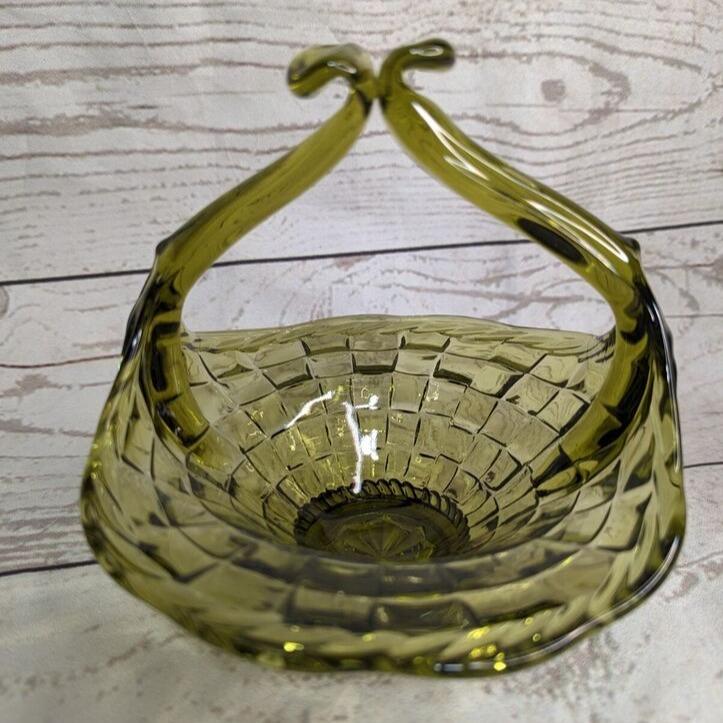 Vintage MCM Avacado Green Basket Weave Embossed Glass Basket Unique