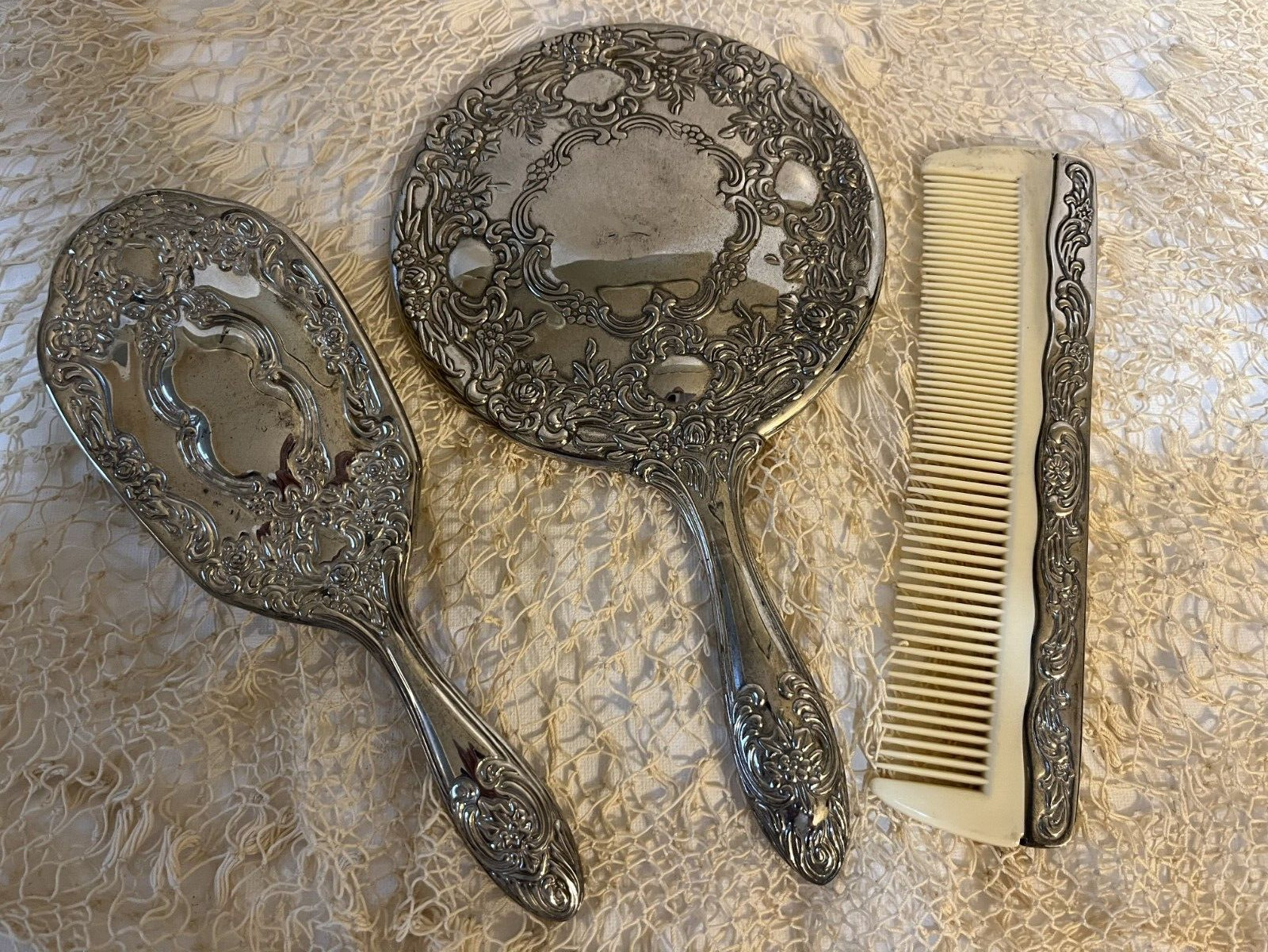 Vintage Silver Plated Hand Mirror, Brush and Comb Vanity Set