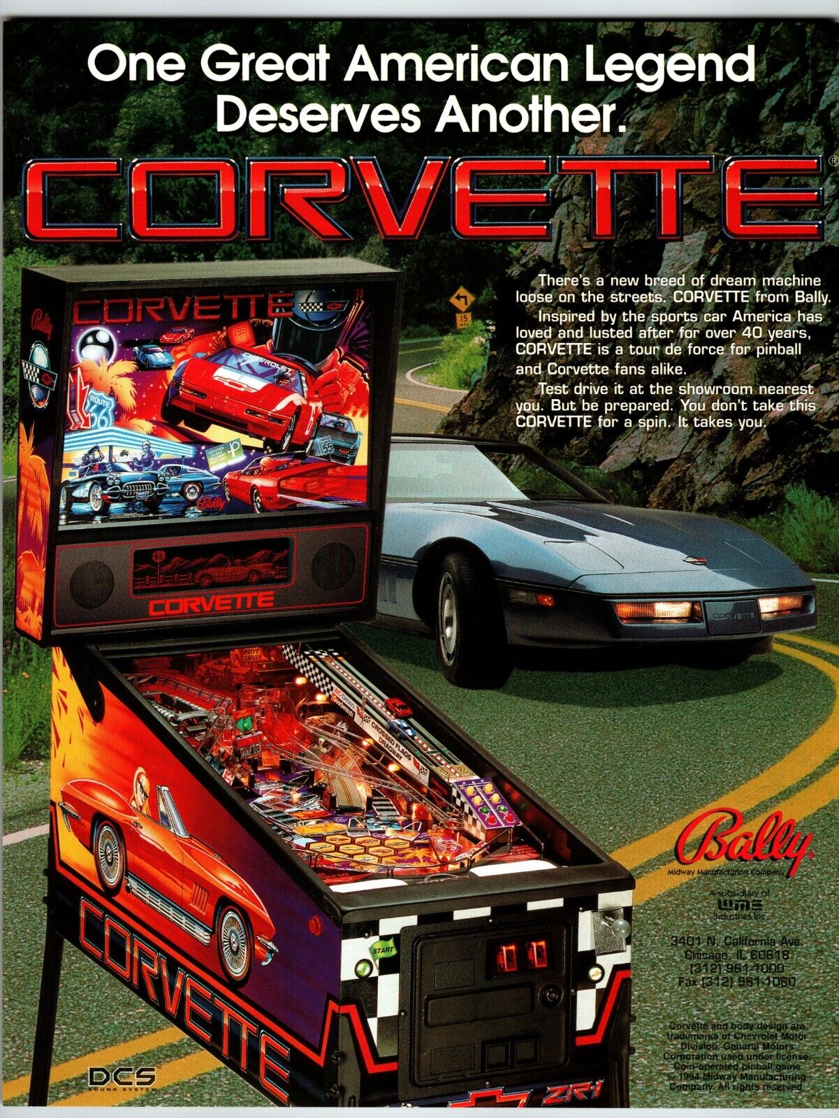 Corvette Pinball Flyer Artwork Sheet Original NOS 1992 Chevrolet Chevy