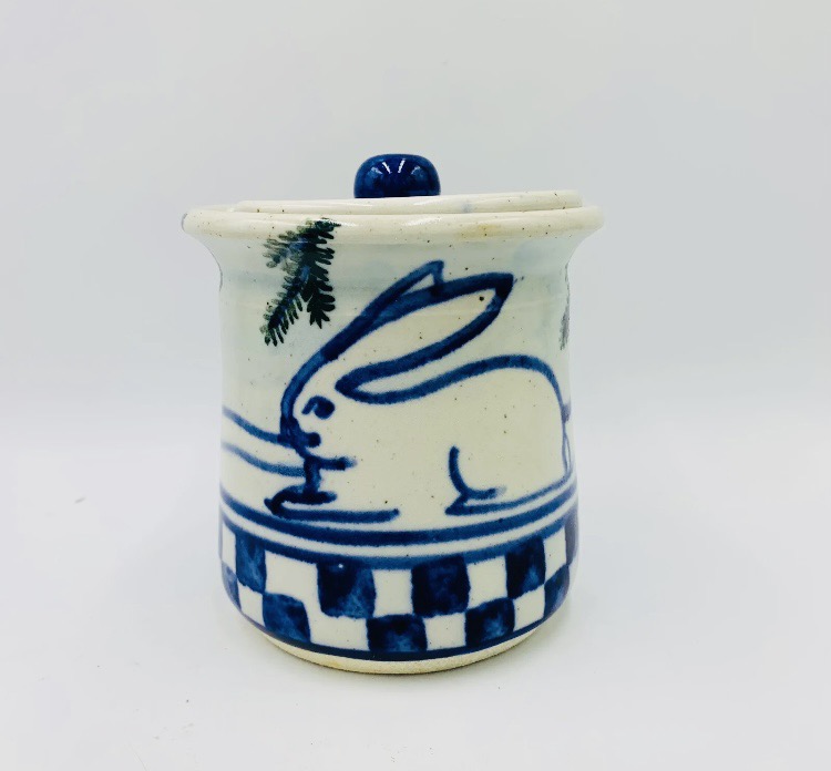Debbie Dean Folk Art Condiment Jar Crock Rabbit Blue White Check Pine ...