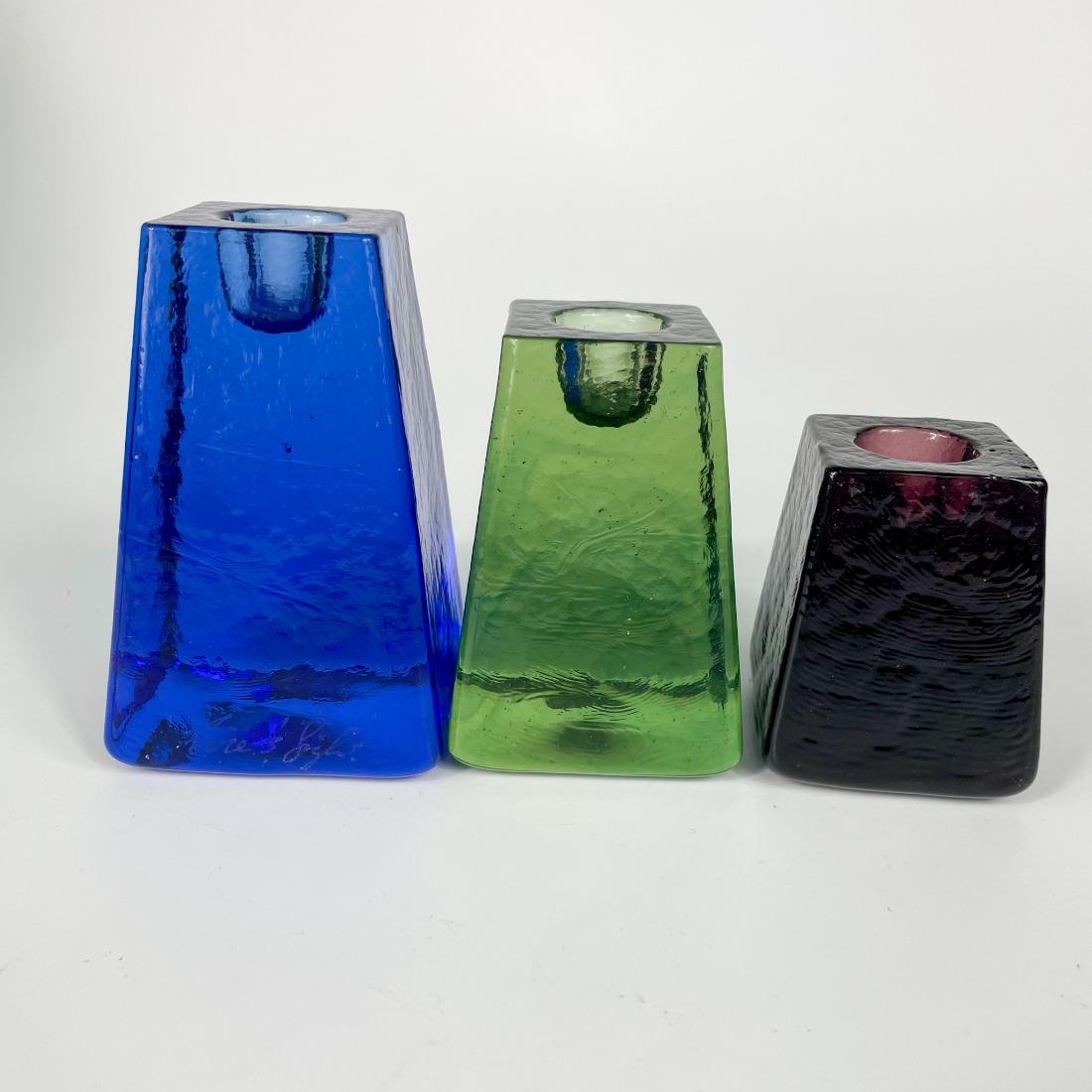 Fire and Light Glass Set of 3 Taper Candlestick Holders Plum Celery Cobalt