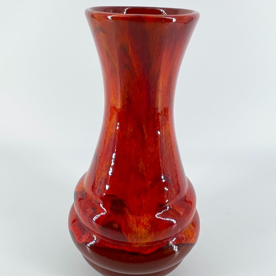 Vtg Art Pottery 8.25” Vase Hand Painted Red Orange Drip Glaze Ribbed Brown
