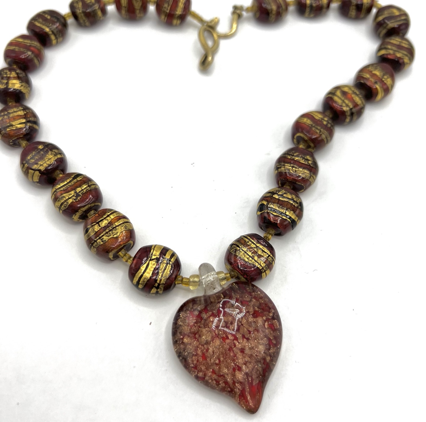 Venetian Glass Bead Necklace, Heart Shaped Glass Pendant, 19
