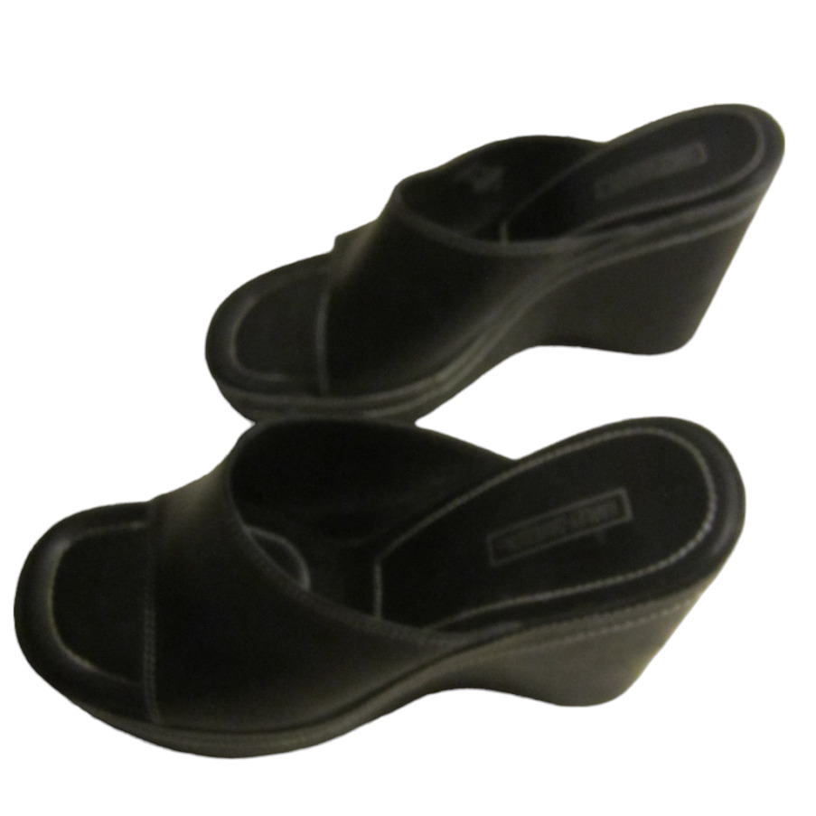 Harley Davidson Black Leather Open Toe Slide Block Heel Sandals Women's