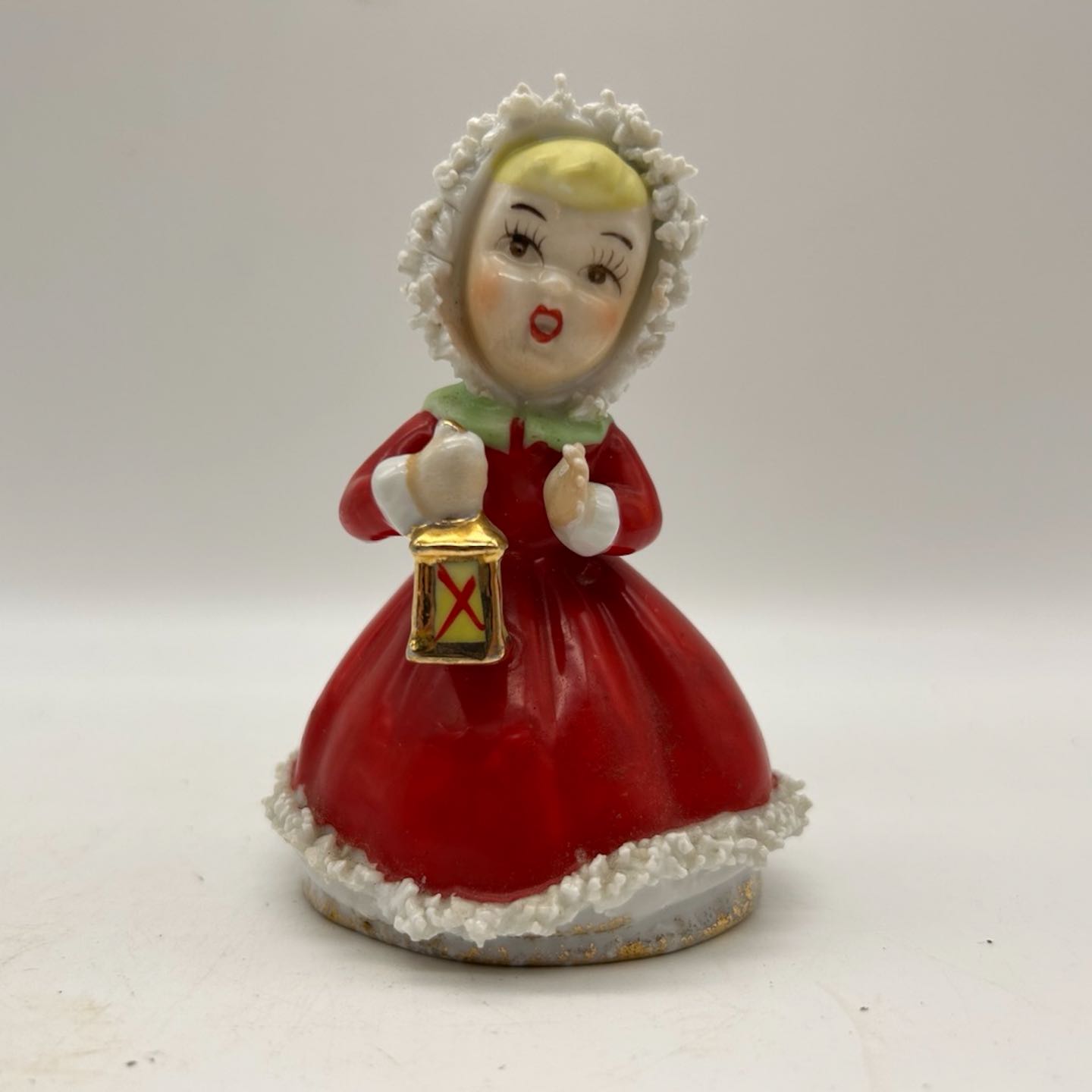 Vintage Christmas Caroler Spaghetti Trim Girl Figure Bell w Lantern Japan