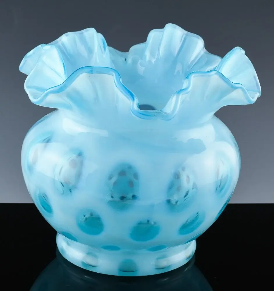 Beautiful Vintage Fenton Blue Opalescent Coin Dot Art Glass Rose Bowl ...