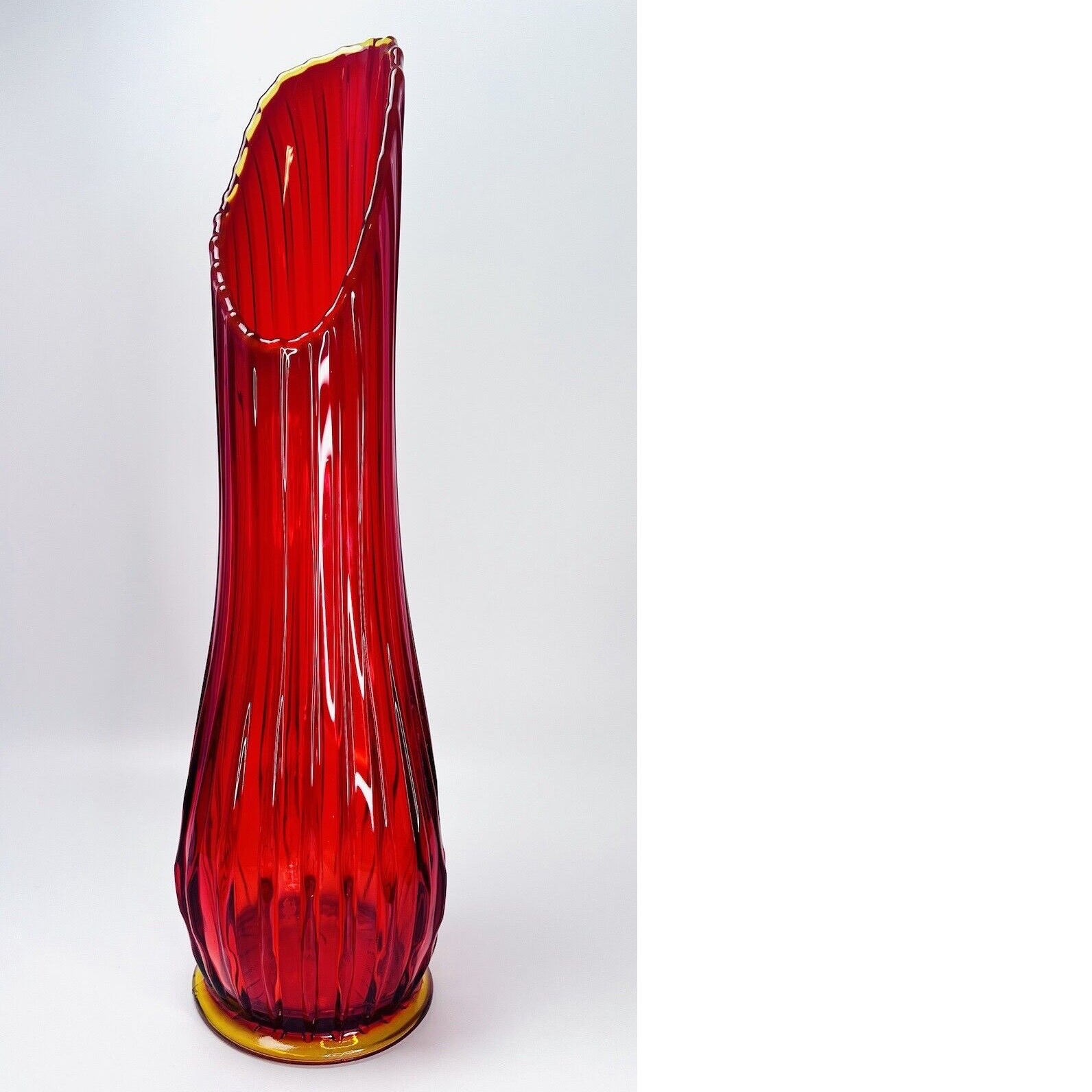LE Smith Swung Glass Floor Vase Ribbed Amberina Red GLOWS 20" Tall