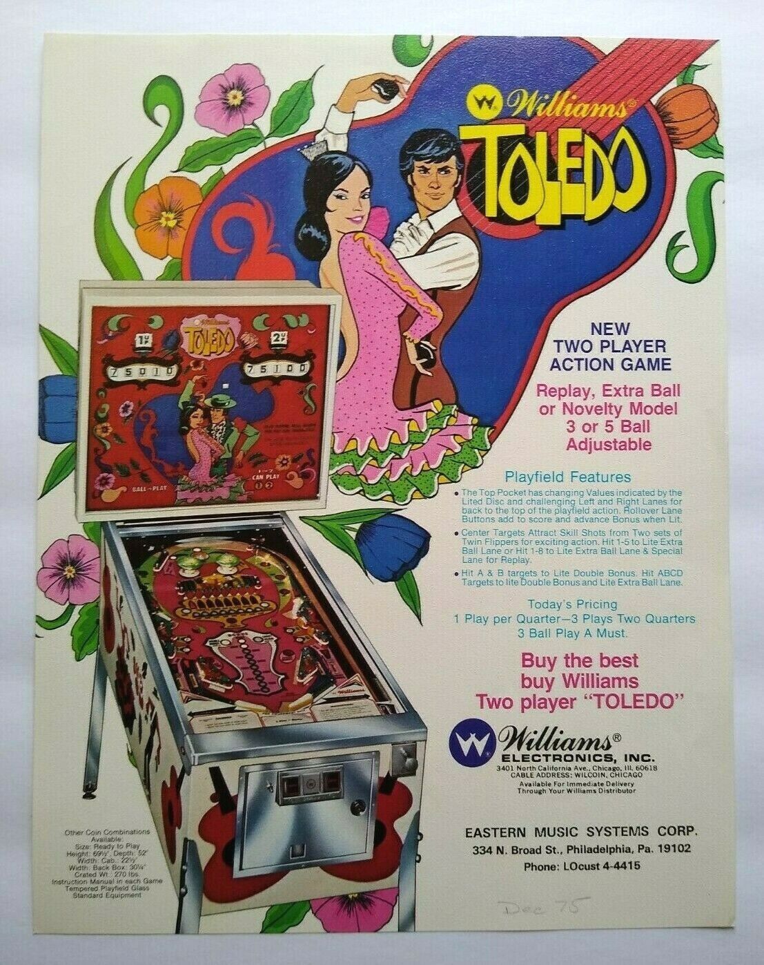 Toledo Pinball Machine FLYER Original Spanish Dancers Artwork 1975 Vintage