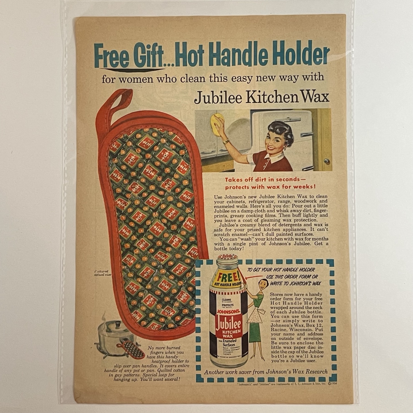 1954 Vintage Jubilee Kitchen Wax/windex/Drano Ad Old Paper Ephemera