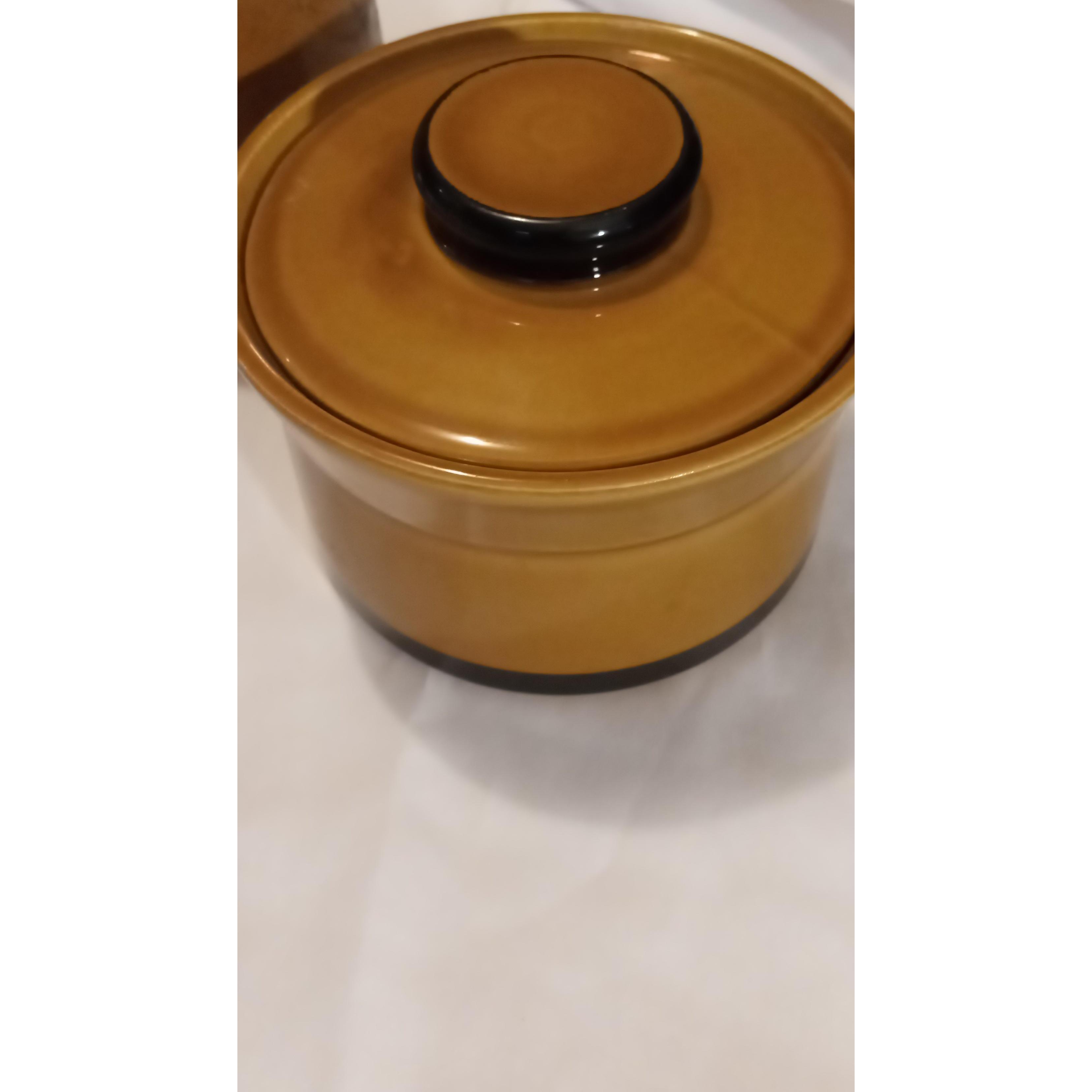 Set Of Stoneware Cream Sugar Great Tan And Black Trim Design