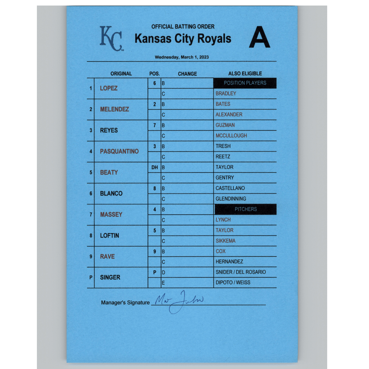 Kansas City Royals Spring Training Manager's Lineup Card 3/1/2023