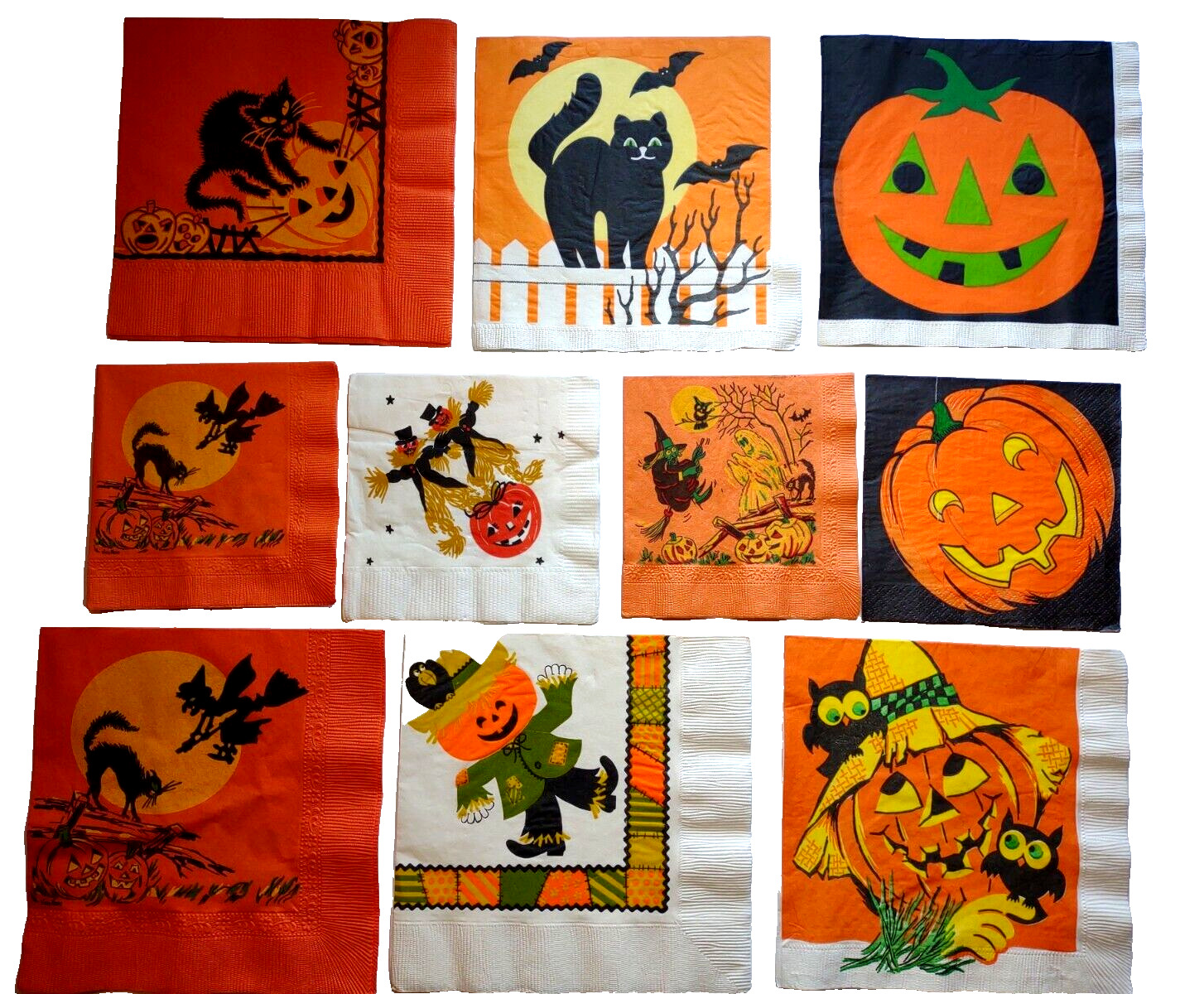 Halloween Vintage Paper Napkins Lot Of 10 Scarecrow Black Cats Witches