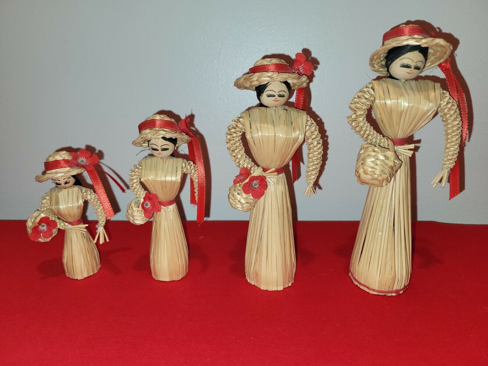 Vintage Wicker Rattan Straw Girl Dolls with sun hat and flower baskets Asian