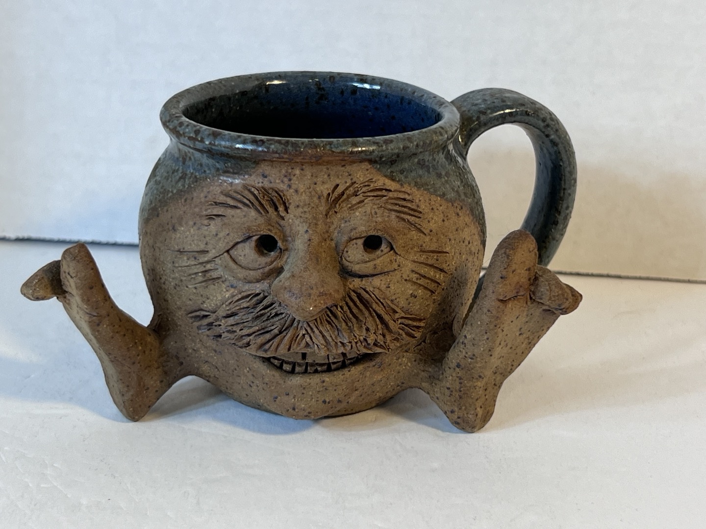 Vintage Funny Face Pottery Mug With Feet Mustache Signed Nose Teeth