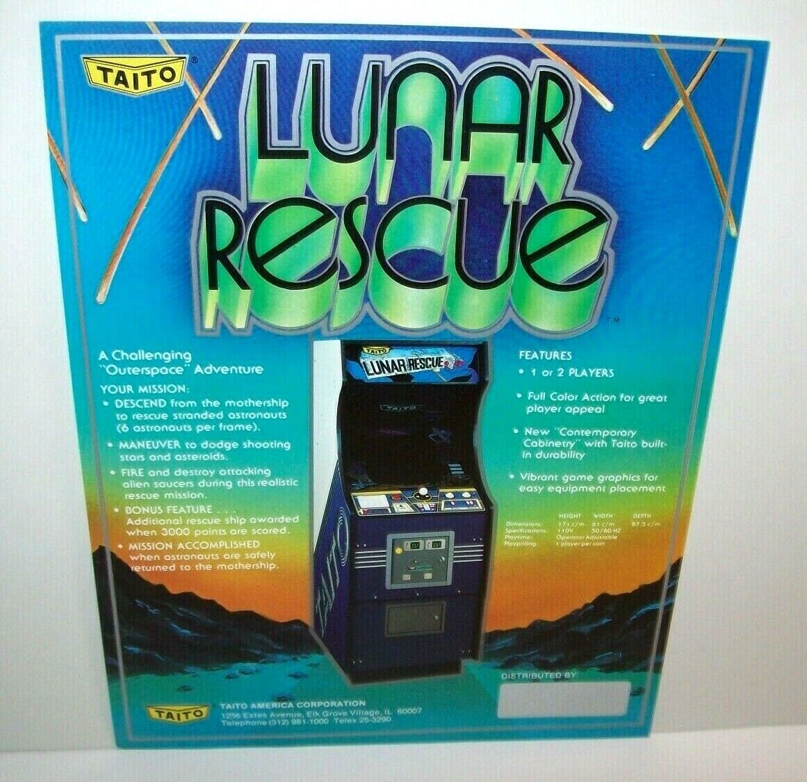Lunar Rescue Arcade FLYER 1979 Original Video Game Artwork Space Age ...