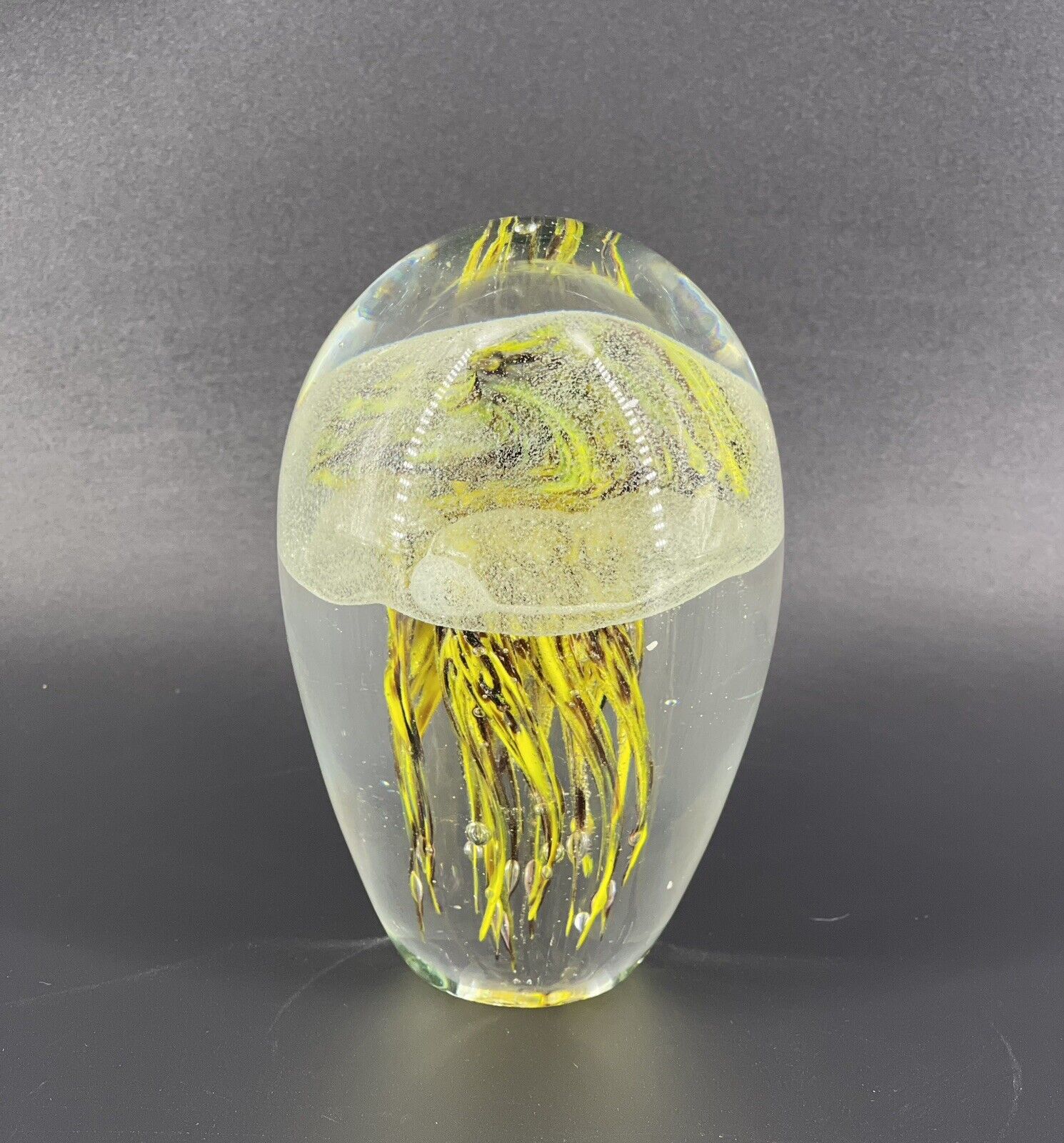 BLOWN GLASS JELLYFISH PAPERWEIGHT GLOW IN THE DARK YELLOW PURPLE HEAVY
