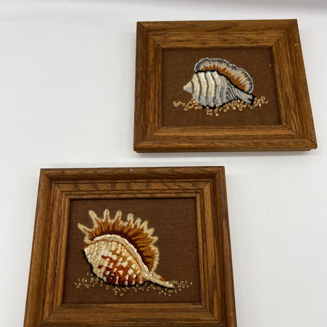 Pair of Vintage Wood Framed Seashell Crewel Yarn Art Neutrals Coastal Decor
