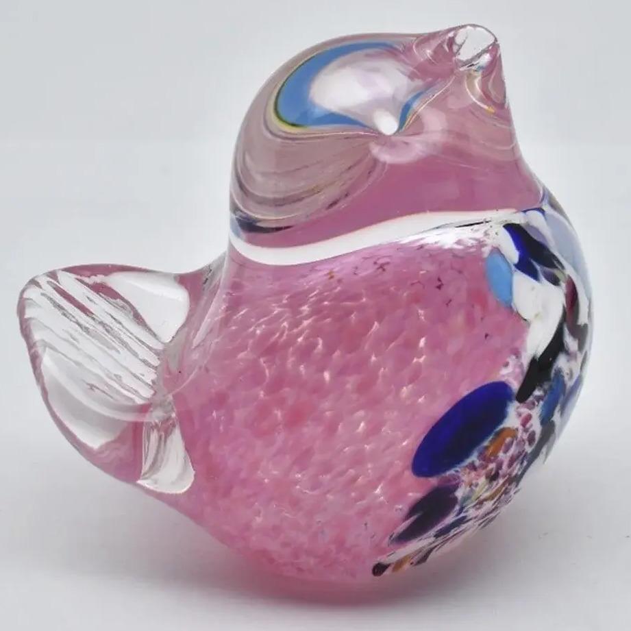 Art Glass Bird Paperweight, Pink, Transparent Glass, Multicolor