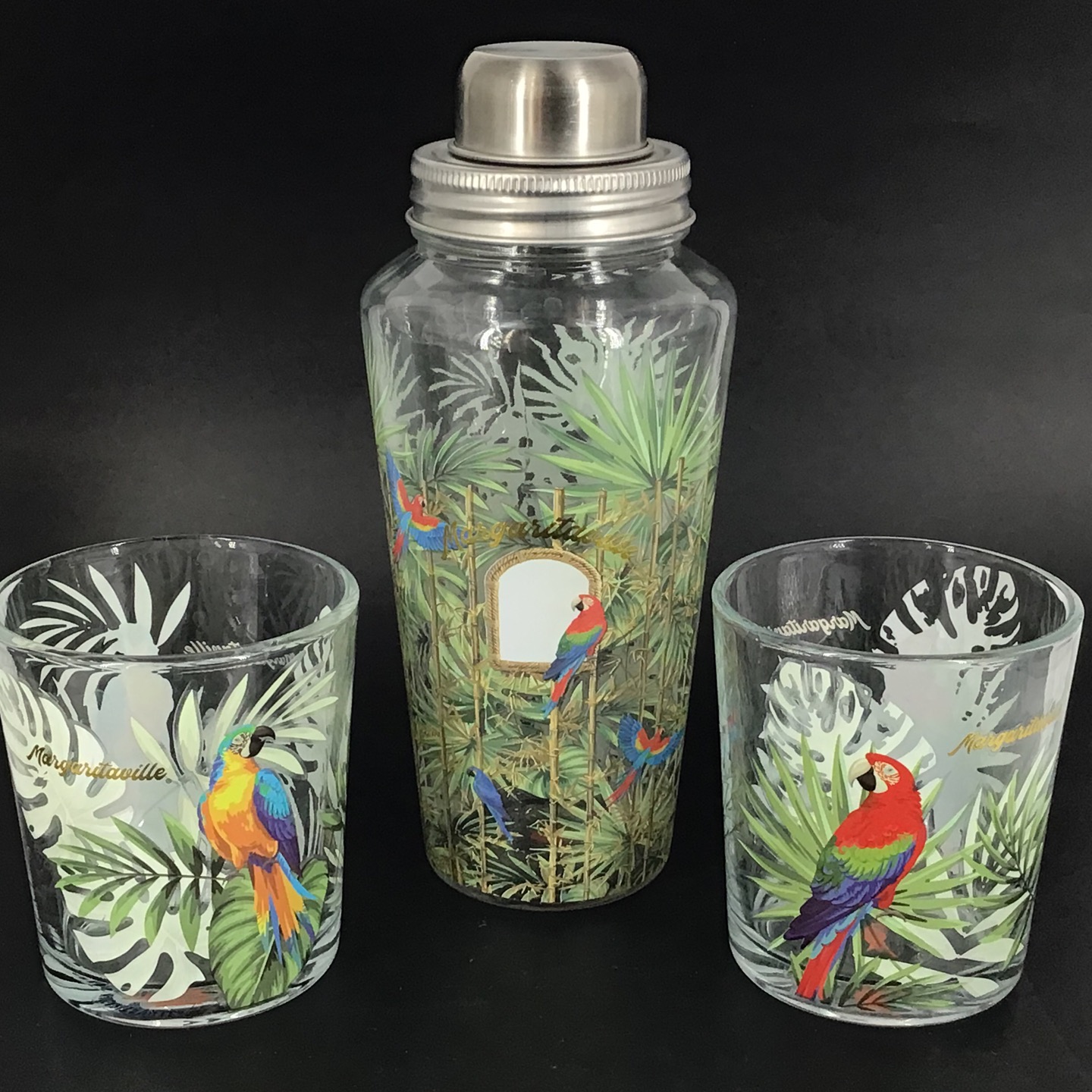 Margaritaville Tropical Parrots Cocktail Shaker Rocks Glasses Jimmy