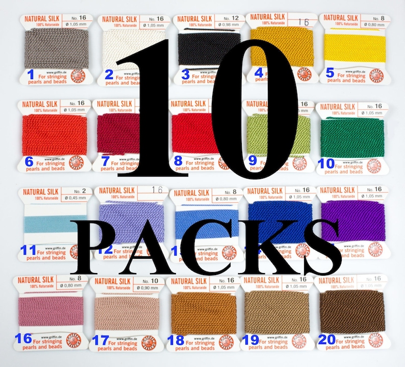 TEN 10 Packets Griffin Silk Cord (66 feet). Beading String With needles ...