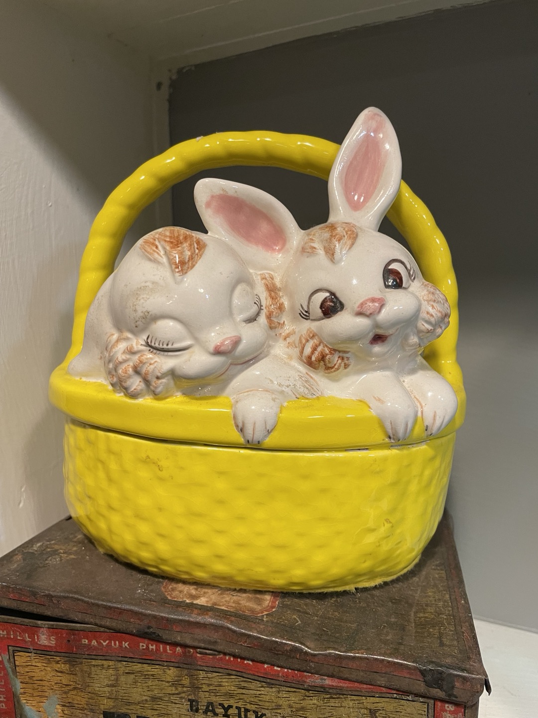 Vintage MCM Ceramic Easter Basket Bunnies Hand Painted Yellow Hobbyist