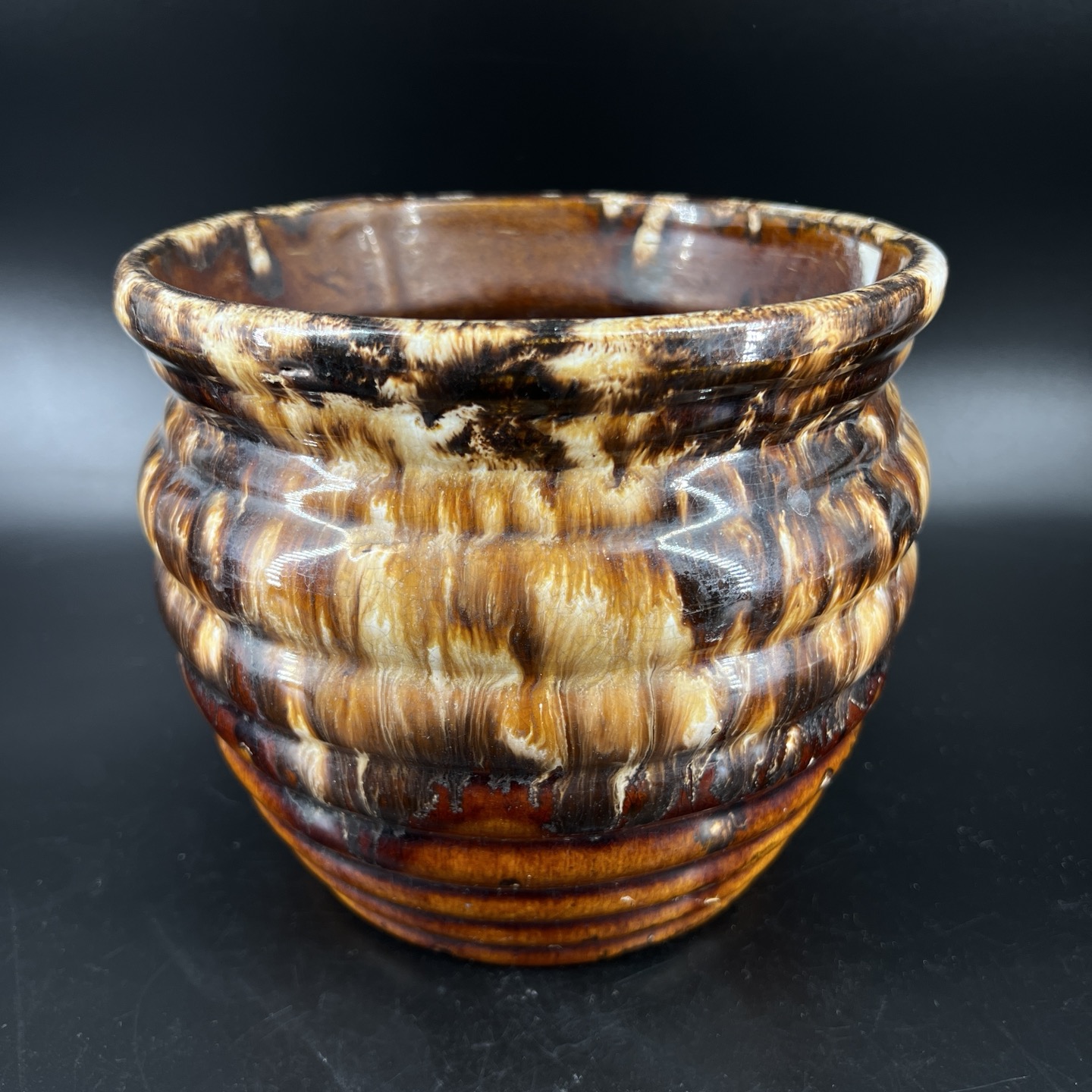 Brown Drip Pottery Ribbed Flower Pot Planter