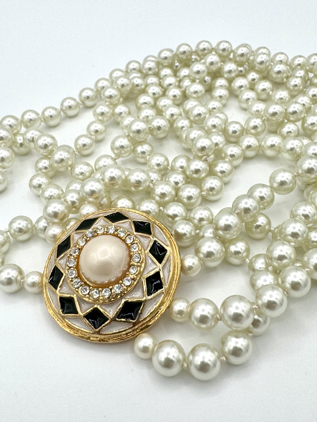 Vintage Triple Strand Glass Pearl Statement Necklace W/ Off
