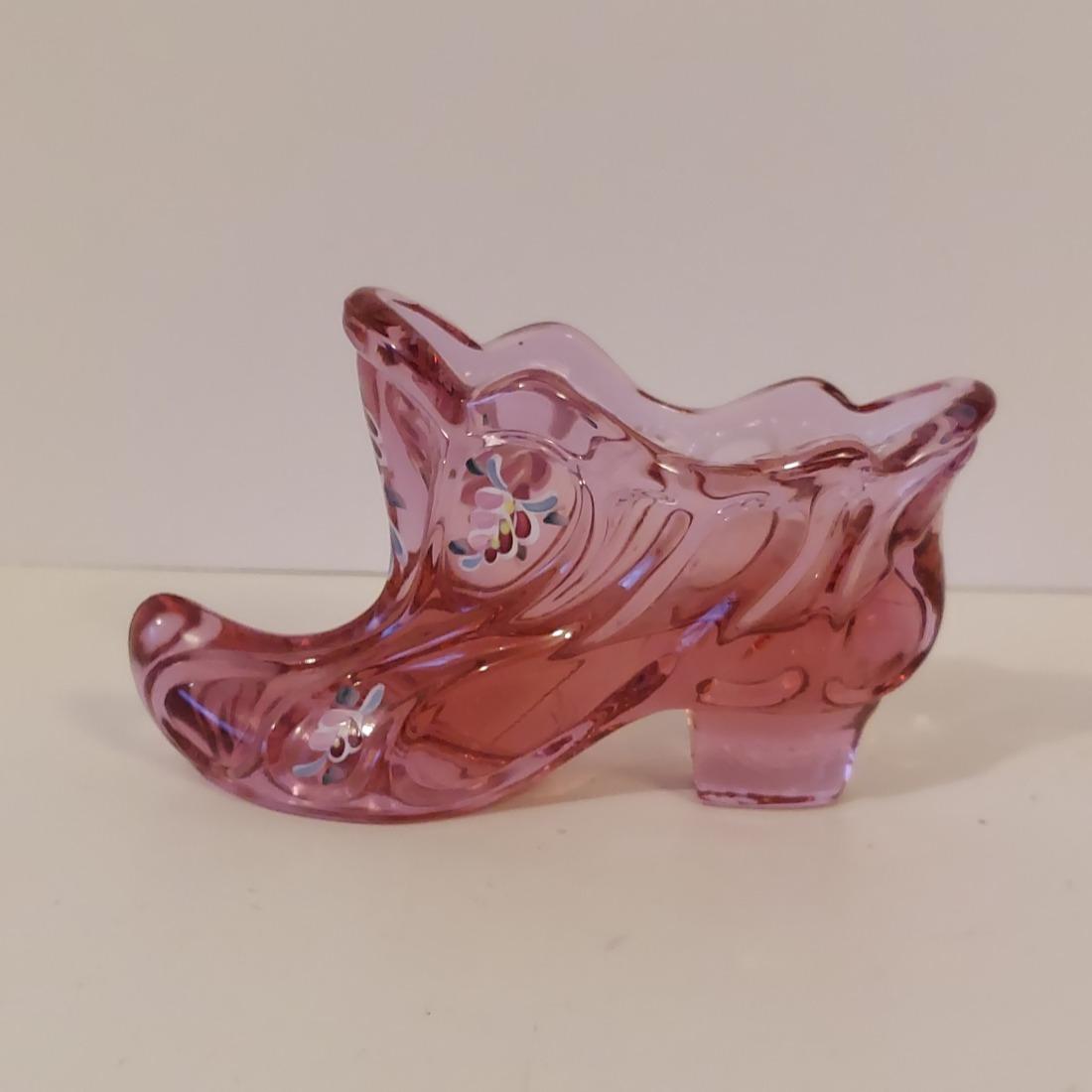 Fenton Handpainted Pink Glass Shoe Signed