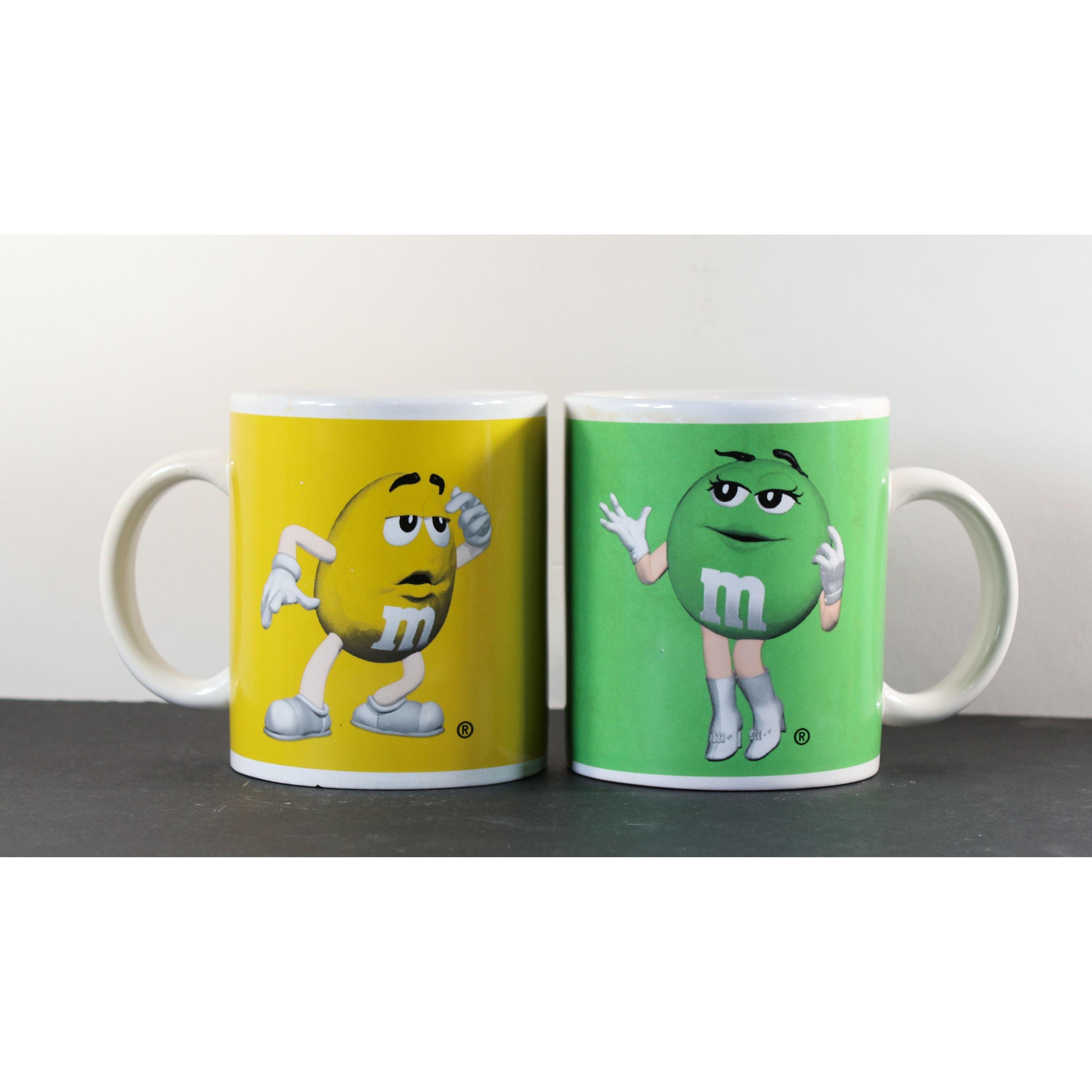 M&M's Coffee Mugs Collectible Cups Yellow & Green Set of 2 11oz Vtg