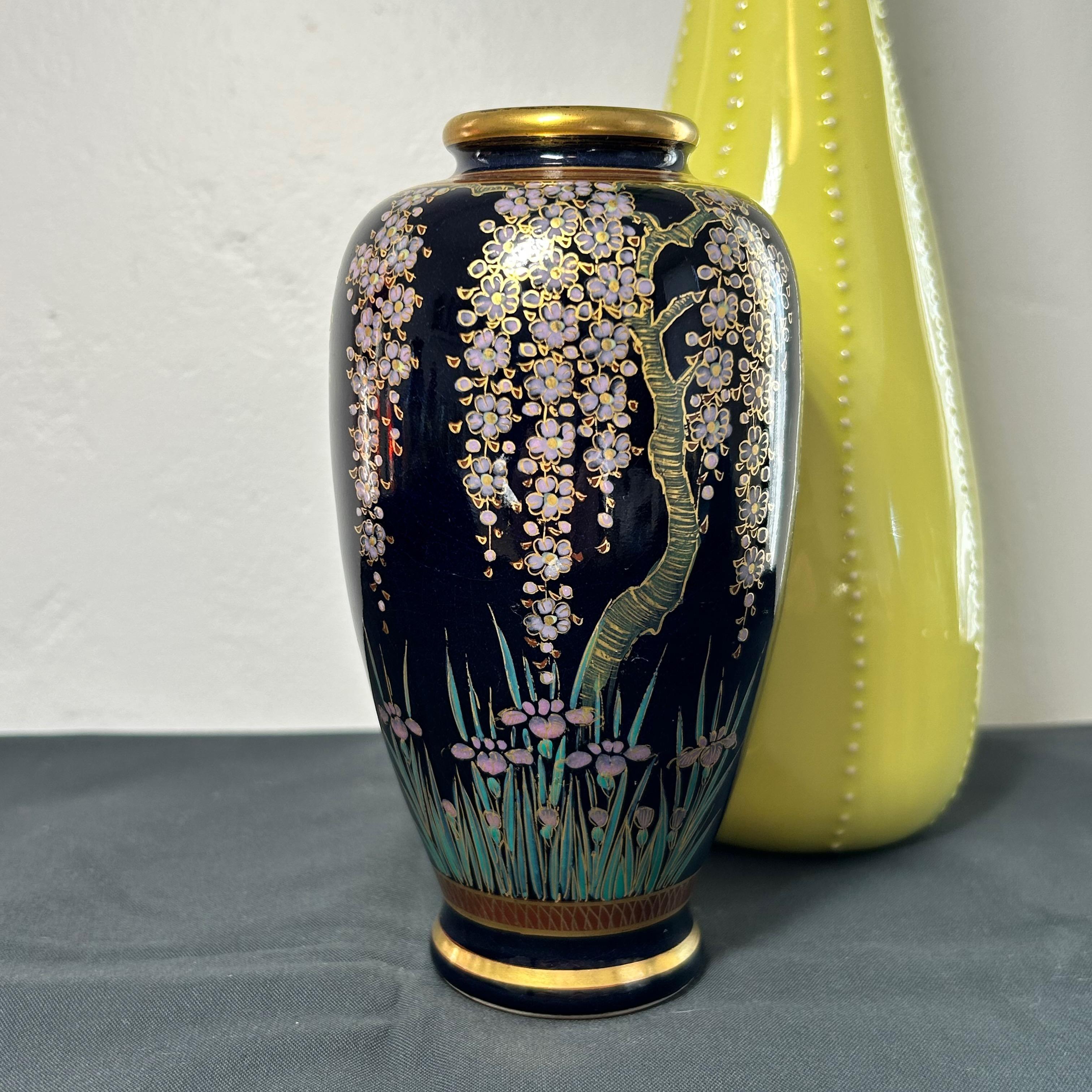 SOKO China Satsuma Vase Cobalt Blue Porcelain Enamel with Wisteria and