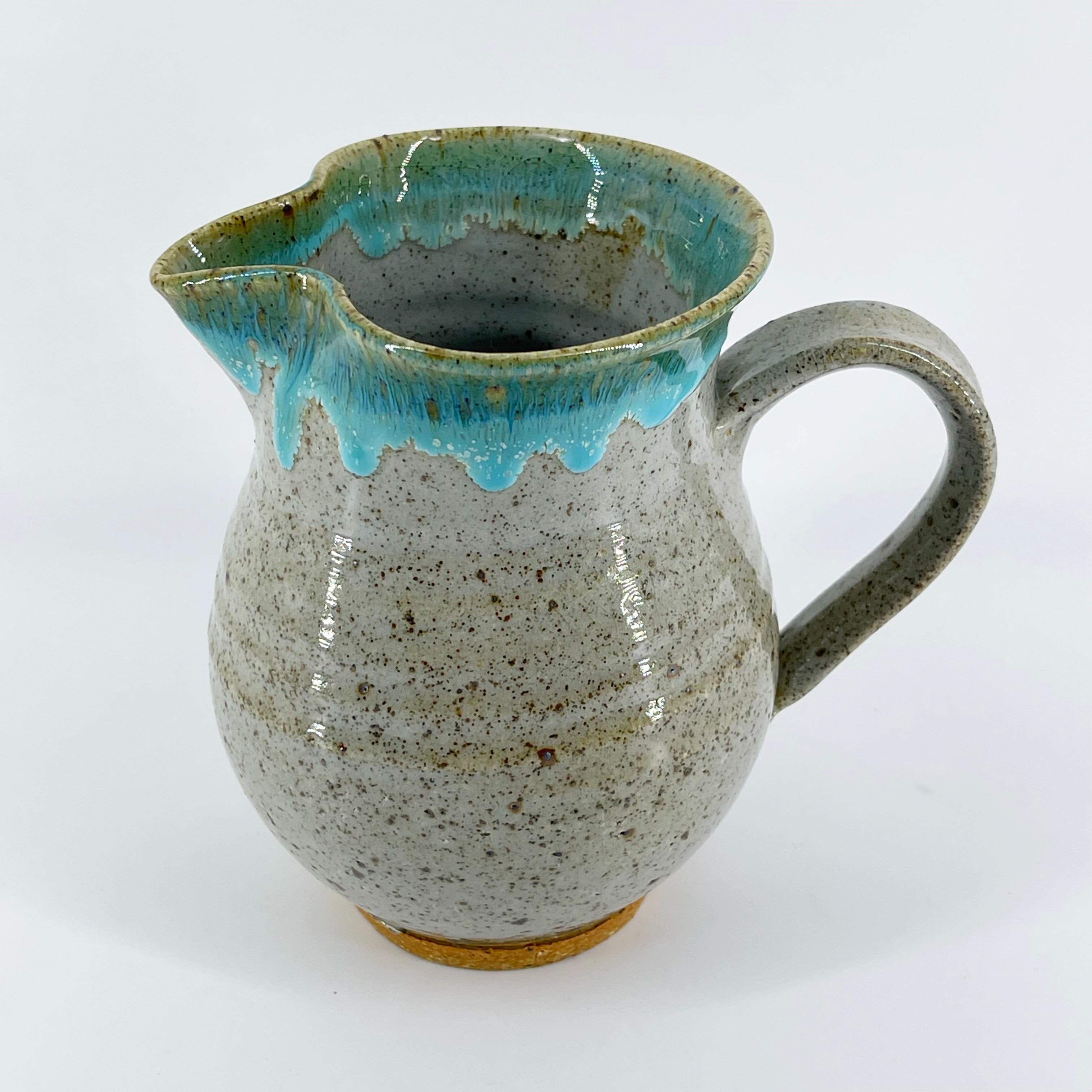004 Wheel Thrown 6” Art Pottery Earthenware Pitcher Aqua Drip Glaze ...