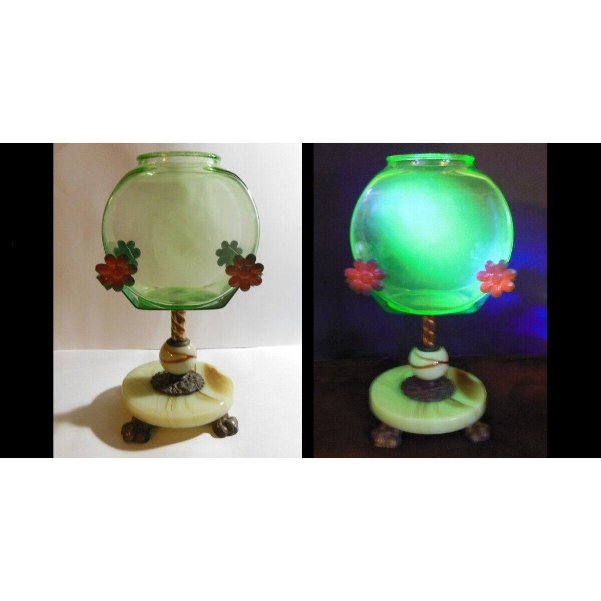 VINTAGE URANIUM GLASS FISH BOWL & HOUZE AGATE & METAL STAND, VERY RARE!