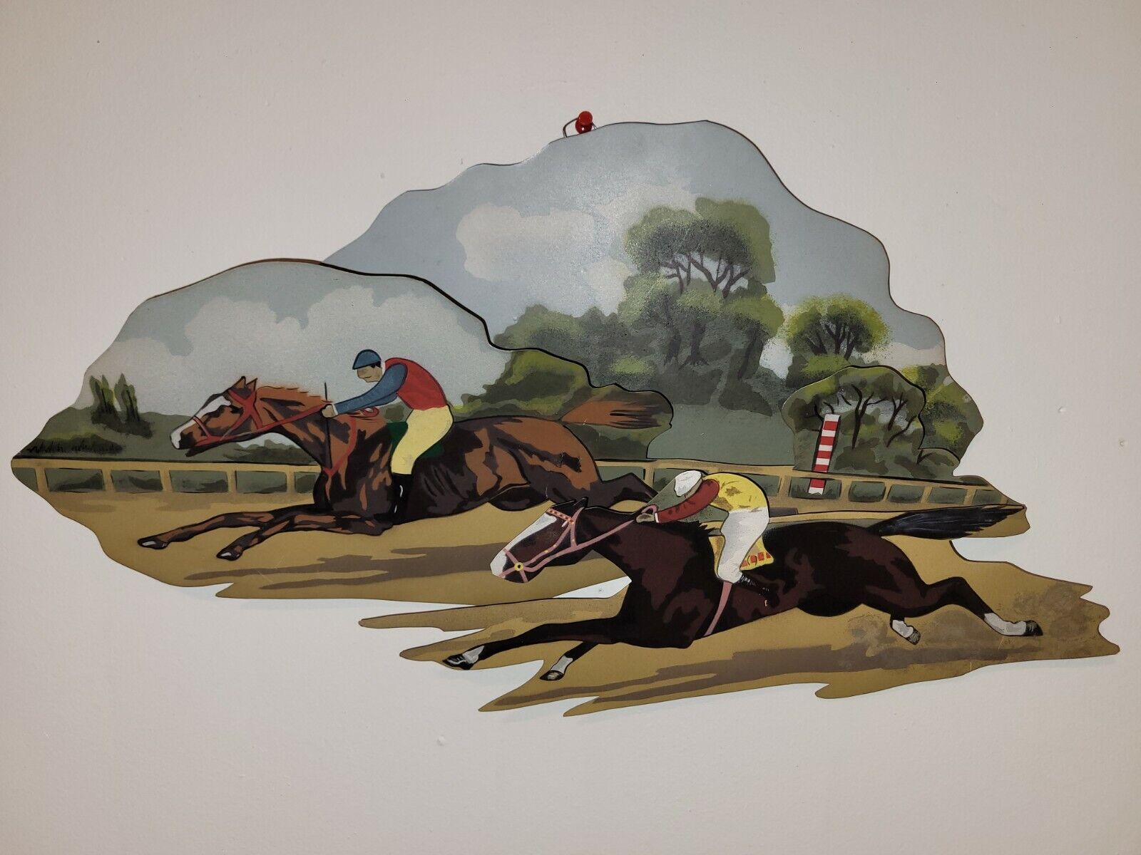 Vintage Horse Racing Metal Wall Art Painting SIGNED Young '92