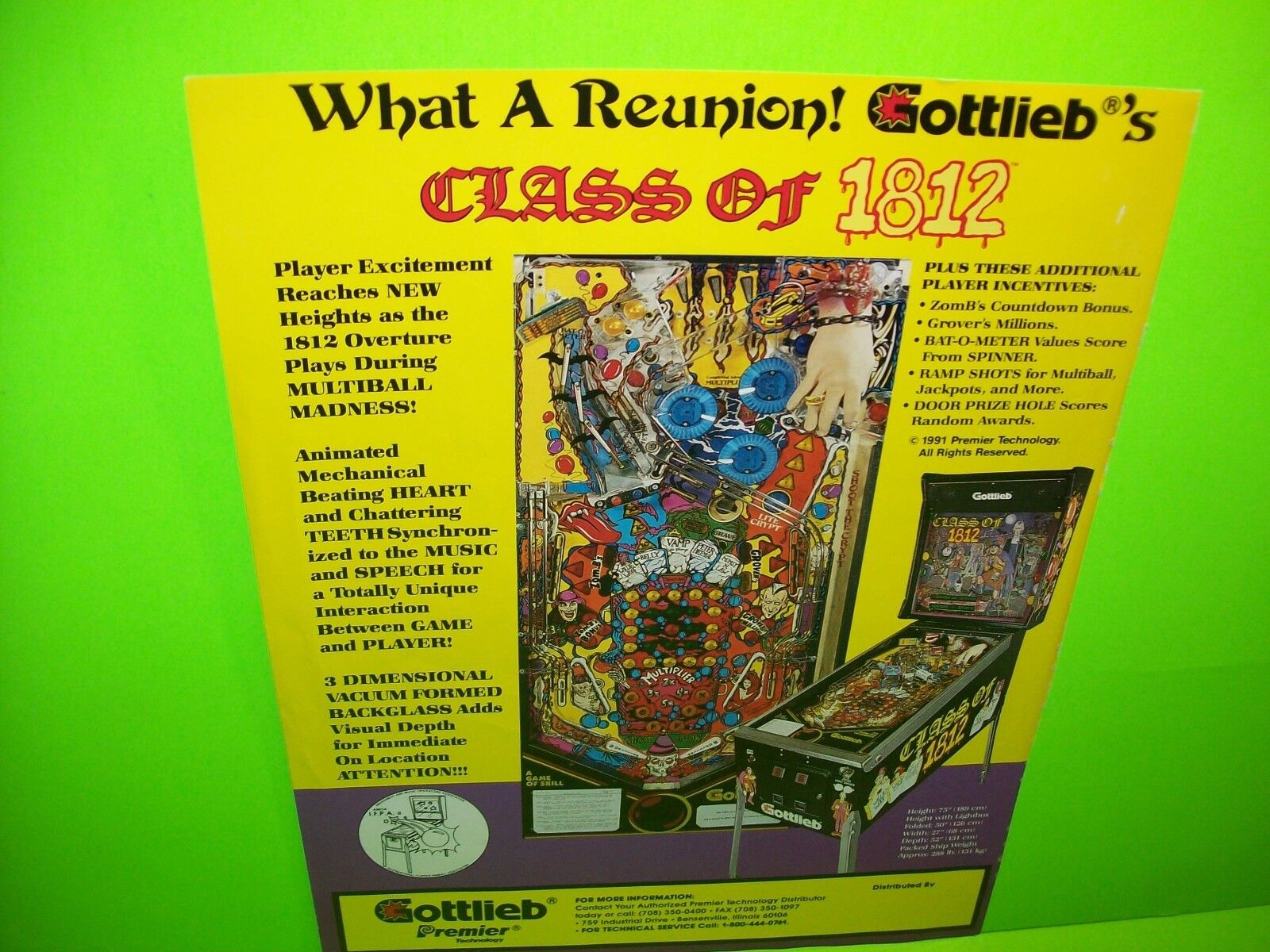 Class Of 1812 Pinball Machine Pull Out Ready To Frame Ad 1991 Vintage Retro