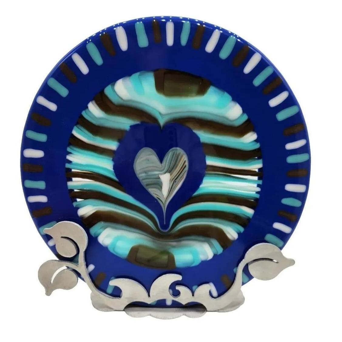 Fused Art Glass Plate By Domi Heart Design with Stand