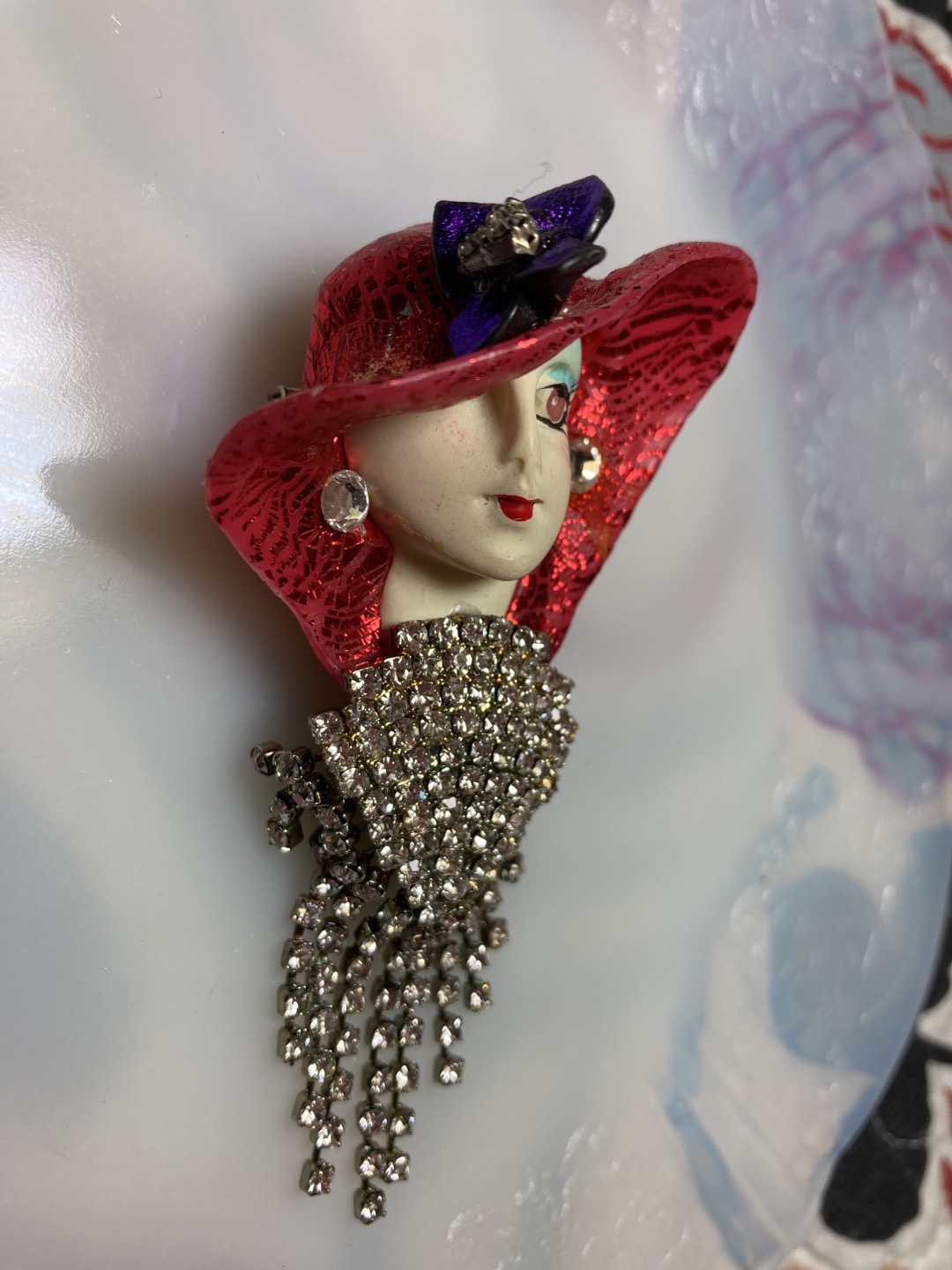 Vintage Fancy Lady Brooch Pin Hand Painted Face LOOK