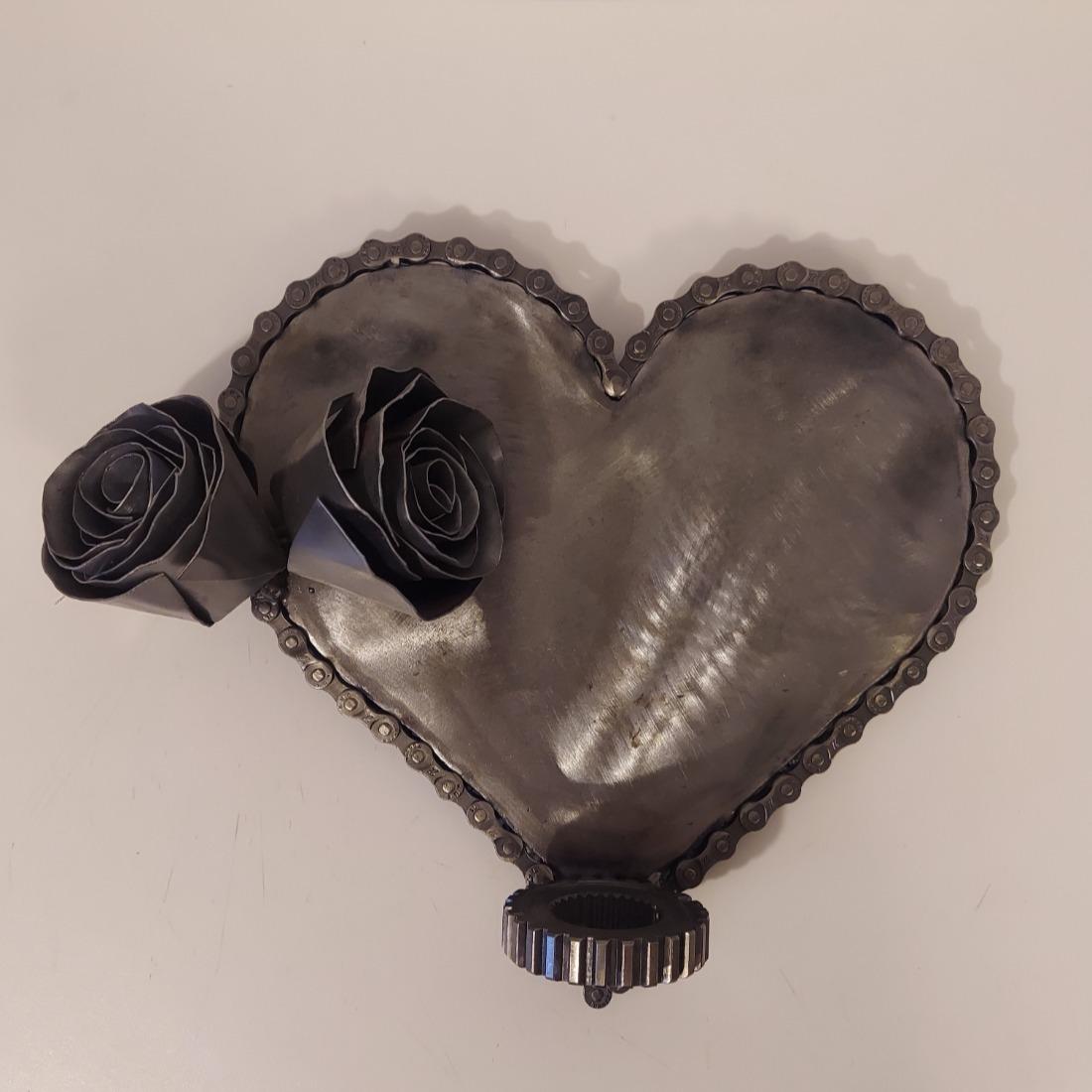 Handmade Industrial Metal Heart And Roses Wall Hanging Candle Holder Signed