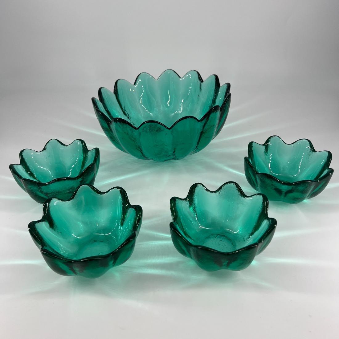 Blenko Glass 5 piece Teal Glass Salad Bowl Set Glass Petal bowls