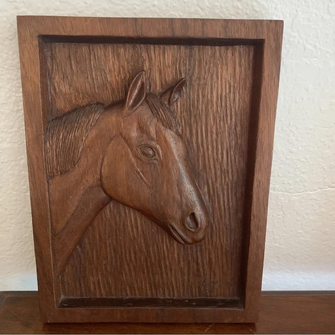 Hand Carved Wooden Horse Wall Hanging Signed EMB 1984 Brown Wall Art