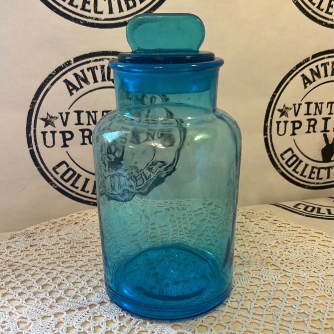 Vintage Apothecary Blown Glass Jar in Blue Aqua Color