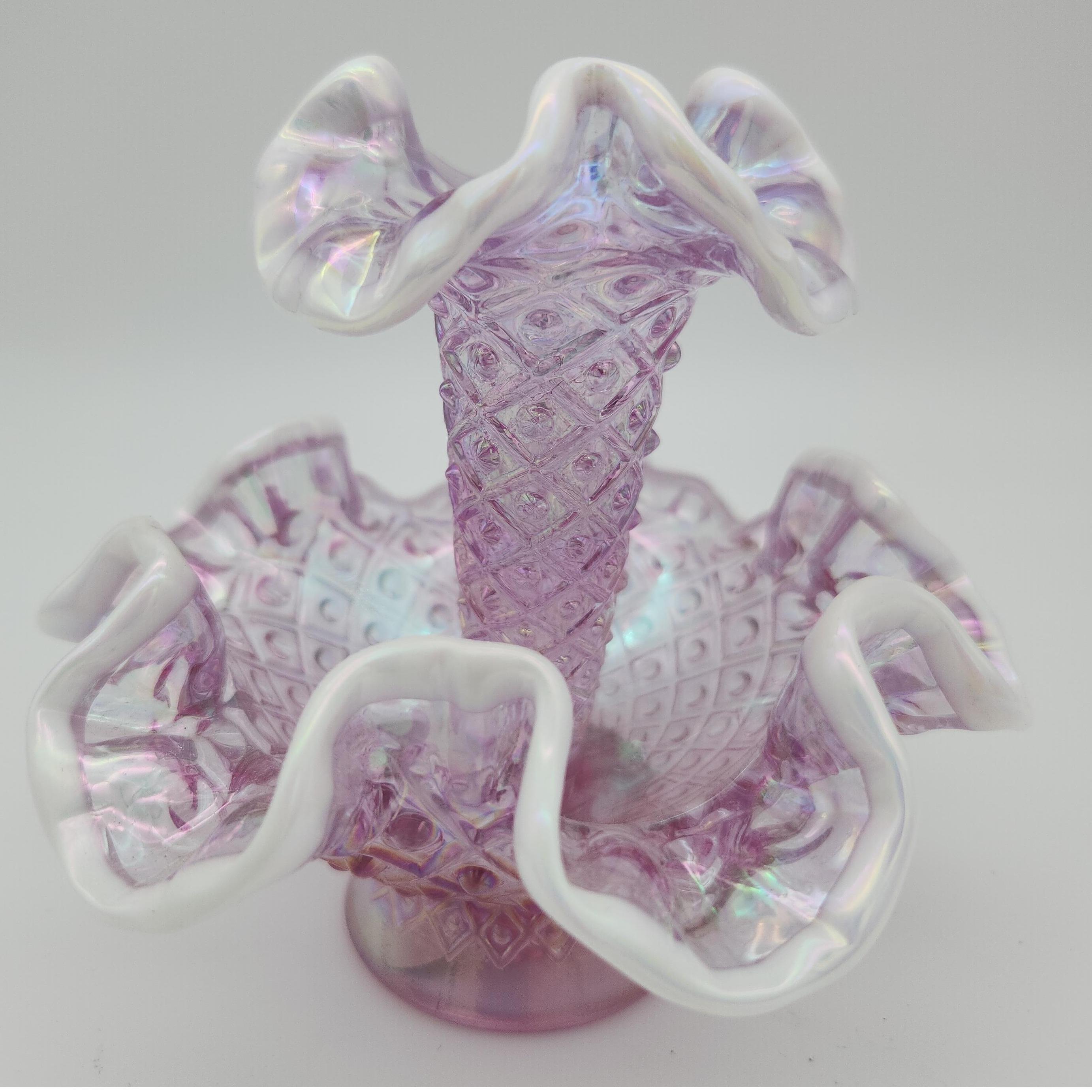 Fenton Mini Single Horn Epergne Lavender Diamond Lace Ruffled Snow