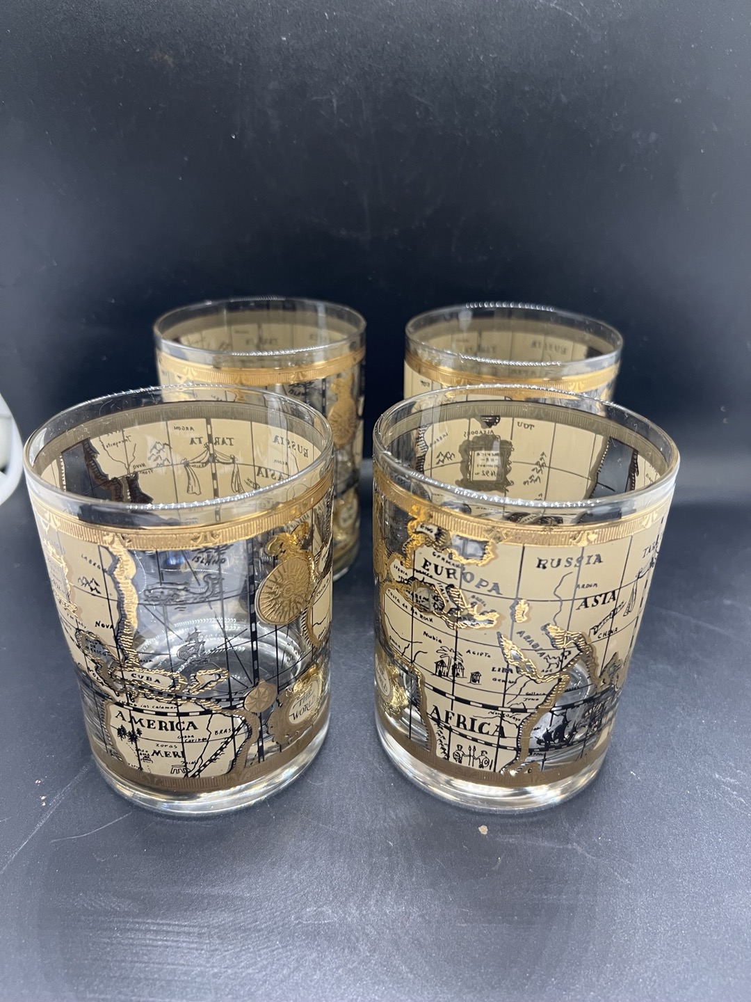 Lot De 8 Verres De Bar Vintage Ananas Doré 22KT - Avec Présentoir, Occasion