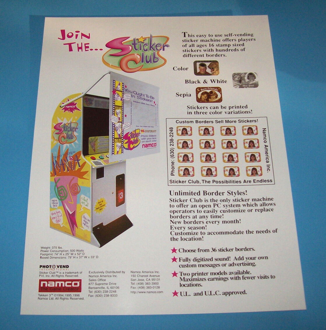 Sticker Club Machine Sticker Club 1996 ORIGINAL NOS Arcade Vending Machine FLYER Vintage Retro
