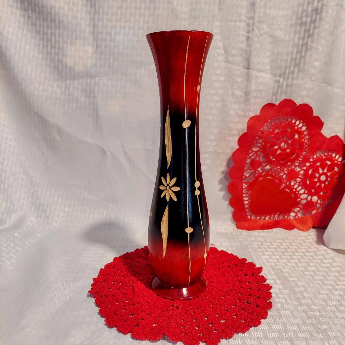 Wood Vase 12" Made in Jamaica - Red, Black & bare wood colors